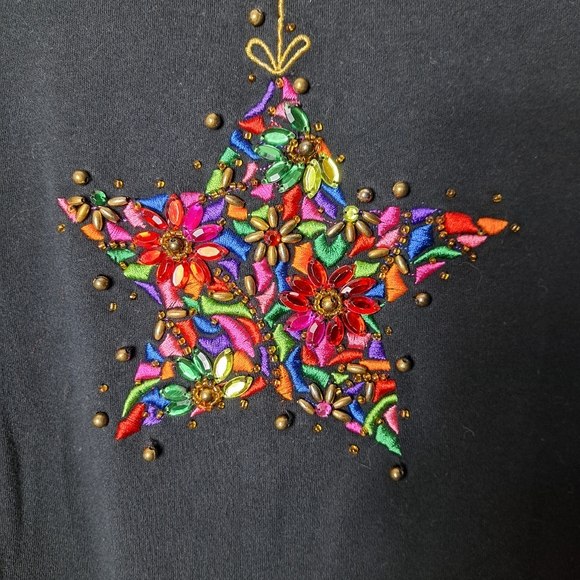 Quacker Factory Embellished Bead Embroidered Colorful Star Black Top Size Large - Picture 5 of 12